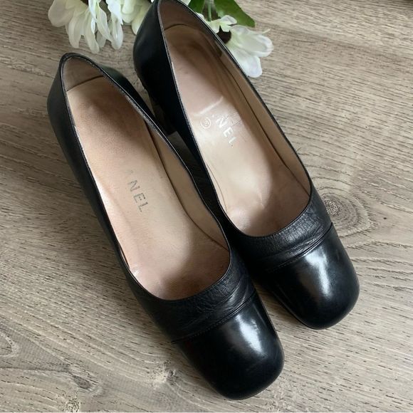 VINTAGE CHANEL Block Heel Shoes Black Silver Size 38 - Picture 3 of 16